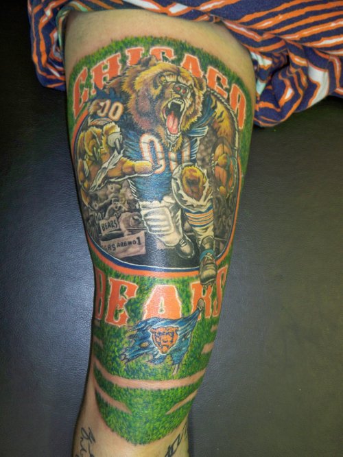 Colorful Chicago Bears Tattoo On Leg